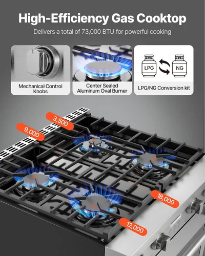 Miniatura 3 de VEVOR Horno de Cocina a Gas, 30 Pulgadas de Ancho, Estufa y Horno Independiente de Acero Inoxidable con 4 Quemadores Sellados en la Superficie