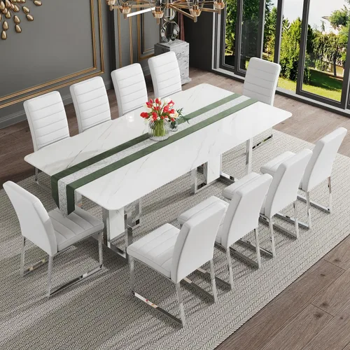 Miniatura 14 de Juego de mesa de comedor moderno de 67 pulgadas para 6, juego de mesa de cocina blanca, juego de mesa de comedor de lujo con mesa de mármol