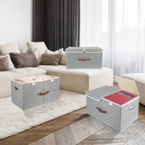 Miniatura 7 de TYEERS Contenedores de almacenamiento plegables extragrandes con tapas y compartimentos, organizadores para almacenamiento de armario, Gris