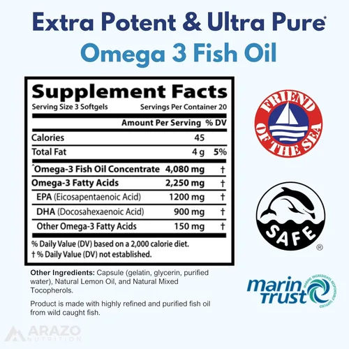 Miniatura 2 de Arazo Nutrition Concentrado de aceite de pescado omega-3 capturado en la naturaleza – 4,080 mg por porción – EPA alto 1200 mg y DHA 900 mg – 60