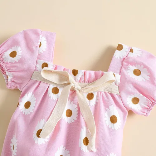 Miniatura 2 de Enterizo de verano de algodón para bebé recién nacida con estampado floral cuello cuadrado manga corta