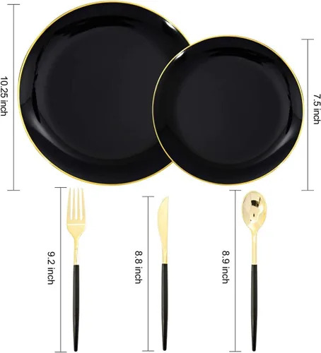 Miniatura 7 de 150 piezas de platos de plástico negros, platos negros y dorados, cubiertos de plástico dorados, juego de vajilla negro y dorado, vajilla de calidad