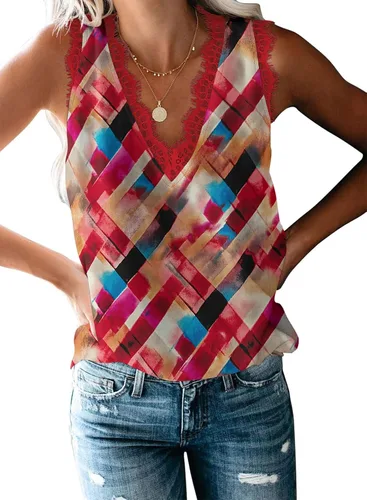 Miniatura 231 de VIISHOW - Camiseta sin mangas, sexy, con cuello en V y bordes de encaje para mujer, camisola de vestir, camisas de gasa, sin mangas, casuales