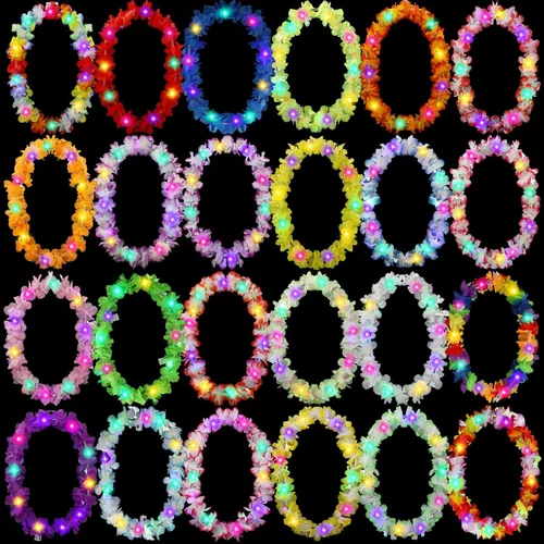 Miniatura 23 de Sherr 24 piezas Collares de leis LED iluminados, collares de flores hawaianas con luces LED para bodas, playa, tropical, carnaval, suministros