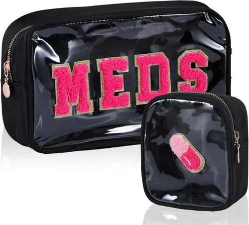 Hillban 2 bolsas medicinales de chenilla con parche de letras, bolsas de viaje, de nailon transparente, bolsas de maquillaje portátiles con