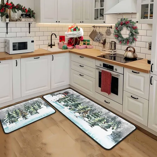 Miniatura 7 de Juego de 2 tapetes de cocina verdes de Navidad, decoración de Navidad antideslizante, ciervo, muñeco de nieve, alfombras de cocina de invierno