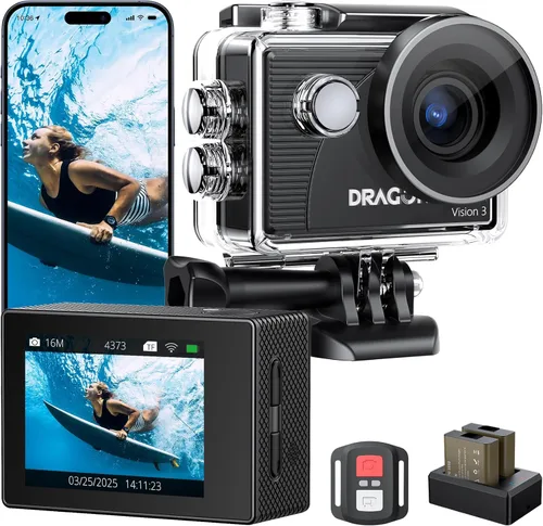 Dragon Touch 4K30FPS Action Camera Vision 3 20MP 100FT Cámara de Acción Impermeable Subacuática con Control Remoto 170° Gran Angular WiFi Cámara