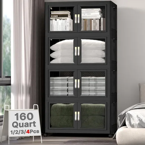 Miniatura 22 de Stackable Storage Bins with Lids, Clear Doors, 120QT Storage Bins Large Storage Cabinet Foldable Collapsible Closet Organizers for Bedroom Dorm