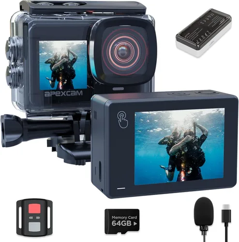 Apexcam X80PRO Cámara de acción de doble pantalla 4K60FPS 8X Zoom EIS 48MP con tarjeta de 64 GB Ultra HD WiFi Cámara deportiva, cámara subacuática