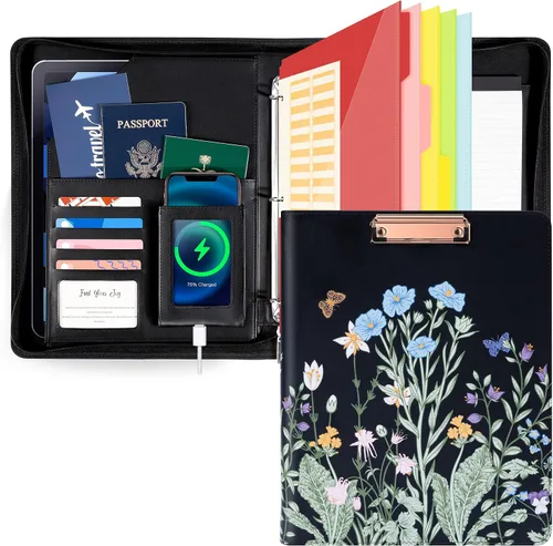 Miniatura 7 de Ospelelf Portapapeles de Cuero con Almacenamiento, Organizador de Portafolio con Cremallera, Carpeta de 3 Anillos de 1 Pulgada, Bloc de Notas, Funda
