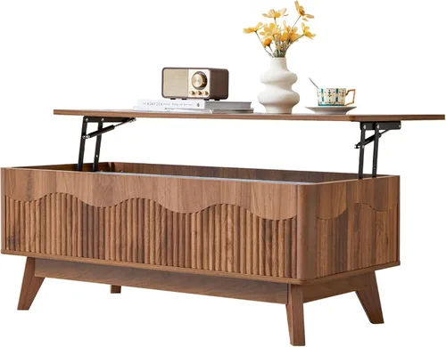 Miniatura 9 de BERRYMERRY Mesa de centro elevable con almacenamiento oculto, mesa de centro acanalada de granja con perfil ondulado, mesa central rectangular