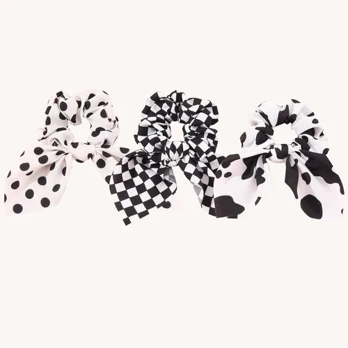 Miniatura 13 de Coleteros para el cabello con lazo anudado para el cabello, bufanda blanca y negra, soporte de cola de caballo de gasa para mujeres, accesorios
