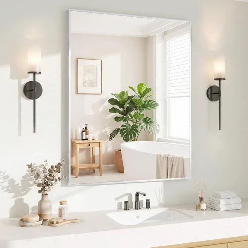 Miniatura 44 de Koonmi Espejo de pared rectangular negro, espejo de baño de 24 x 32 pulgadas, espejo de tocador con marco de aluminio para entrada, sala de estar