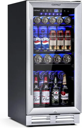 Miniatura 12 de COSTWAY Refrigerador de bebidas, 1.3 pies cúbicos, 12 botellas y 55 latas, mini refrigerador con puerta de vidrio templado, estante extraíble
