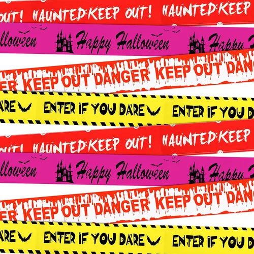 Xinnun 8 rollos de cintas de precaución de Halloween con tijeras, incluye cinta de advertencia espeluznante para decoración de fiesta de Halloween,