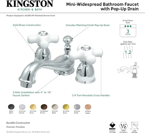 Miniatura 3 de Kingston Brass KS3958PX Restoration Mini Grifo de Lavabo con Mango Cruzado de Porcelana, Níquel Satinado, Centro Ajustable de 4 Pulgadas cepillado