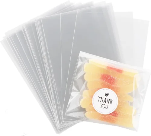 ilauke 200 bolsas de galletas, bolsas de celofán transparentes de 4 x 6 pulgadas, bolsas de dulces con palo de agradecimiento, embalaje de galletas