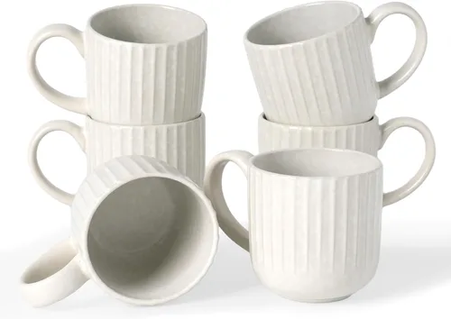Miniatura 41 de Juego de Tazas de Café Famiware para 6, Tazas de 12 oz con Asa para Café, Té, Cacao, Leche - Juego de Vajilla de Cerámica y Gres, Blanco Mate Blanco