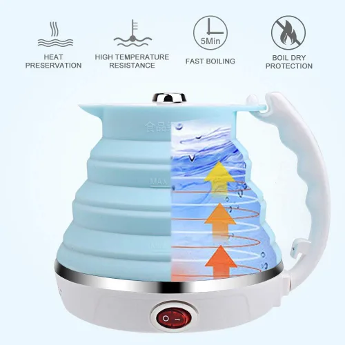 Miniatura 3 de ShineMe - Hervidor de agua eléctrico portátil ultrafino de silicona de grado alimenticio de doble voltaje de 110-220 V con taza, adaptador universal