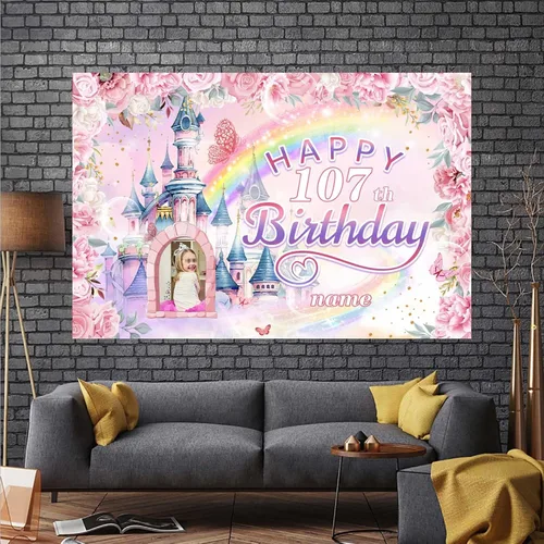 Miniatura 7 de Cartel personalizado de decoración de cumpleaños número 107 con temática de castillo y princesa, pancarta de tela personalizada para suministros