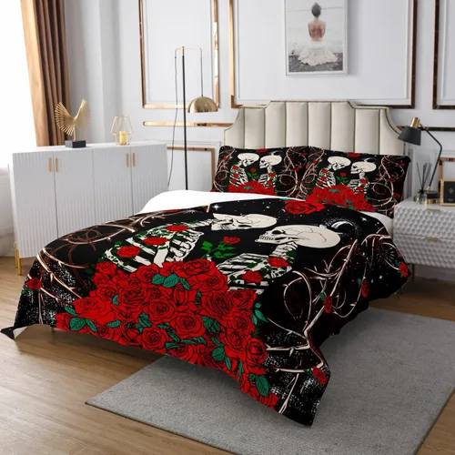 Miniatura 3 de Erosebridal Juego de colcha gótica acolchada con calavera de azúcar para parejas, romántica rosa roja para niños, mujeres y hombres, juego