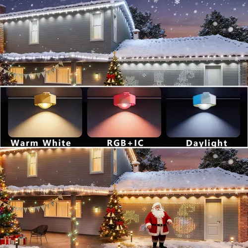 Miniatura 8 de Rosykite Luces de Navidad al Aire Libre - 50 pies de luces inteligentes RGB+IC para canalones con 63 escenas, impermeables IP67, control de voz