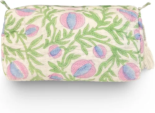 Bolsa de maquillaje hecha a mano con estampado de bloques y bolsa de aseo – Estuche de viaje cosmético artesanal de algodón hecho a mano, Granada