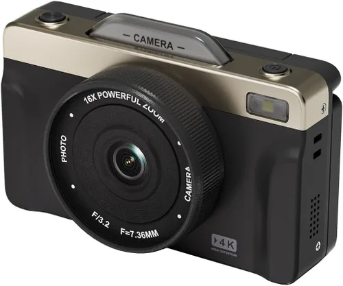 Miniatura 2 de Cámara digital 4K con zoom de 16X antivibración, pantalla LCD de 3 pulgadas, cámara compacta de vlogging de 180° con tarjeta SD de 32G, color negro