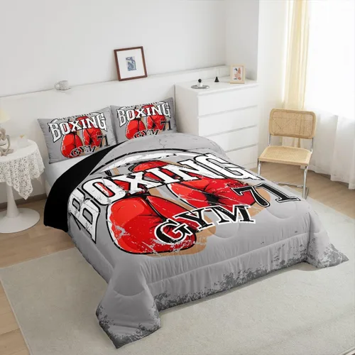 Miniatura 4 de Juego de edredón de boxeo, juego de ropa de cama con temática deportiva de gimnasio para niños, adultos, hombres, patrón de guantes de boxeo rojos