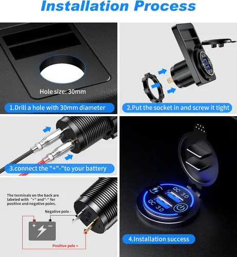 Miniatura 5 de Paquete de 2 enchufes de carga rápida 3.0 con cargador USB dual, toma de corriente USB impermeable de 36 W, carga rápida con interruptor táctil