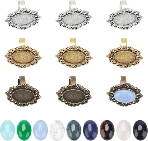 Miniatura 7 de SUNNYCLUE 16 piezas DIY 8 juegos de anillos bisel en blanco piedra natural cabujones estilo antiguo anillo de dedo ajustable componentes en blanco