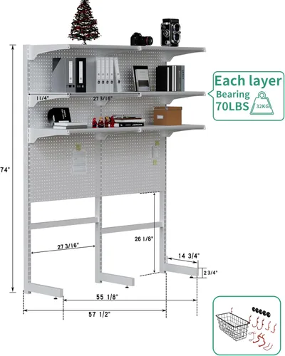 Miniatura 3 de JWX Unidad de Estantería con Tablero Perforado de Pie, Gabinetes Blancos Gaming Hogar Oficina Garaje con Tablero Perforado de Metal y 15 Piezas
