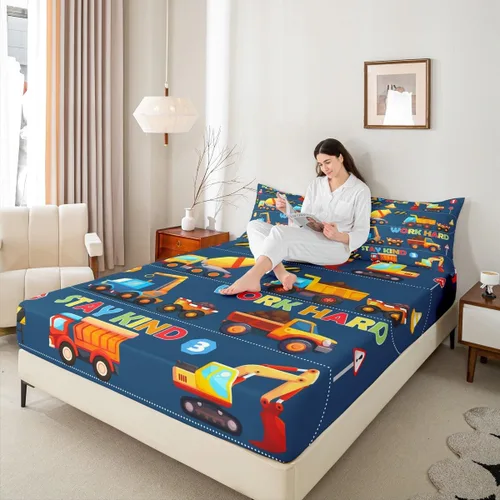 Miniatura 2 de Manfei Sábana bajera ajustable de dibujos animados para niños, tamaño individual, bonito juego de ropa de cama con excavadora, camión, tractor