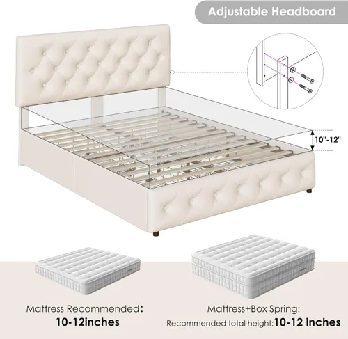 Miniatura 6 de Keyluv - Base de cama tapizada moderna con 4 cajones, diseño de cabecera con botones, soporte de listones de madera maciza, fácil montaje, tela