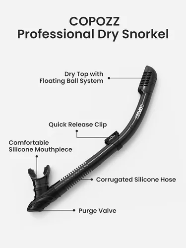 Miniatura 2 de COPOZZ Snorkel seco, esnórquel de buceo para esnórquel, equipo de esnórquel con válvula seca superior y boquilla de silicona de grado alimenticio