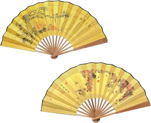 Miniatura 8 de Fox Baby Abanico de mano plegable, 13 pulgadas de tela de bambú grandes ventiladores de mano con pintura tradicional china para decoraciones