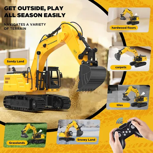 Miniatura 6 de Juguete de excavadora RC de metal 1:18 para niños Vehículo de construcción de control remoto de 11 canales con rociador de agua, luces y sonidos