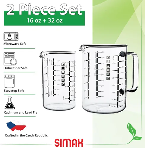 Miniatura 2 de Simax Vaso medidor de vidrio, vidrio de borosilicato duradero, paquete de 2 incluye 32 onzas y 16 onzas, medidas métricas fáciles de leer en litros