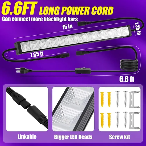 Miniatura 6 de Barra de luz negra LED enlazable de 45 W con cable de 6.6 pies, brilla en la oscuridad de 28 x 28 pies, para fiesta brillante, decoración de neón
