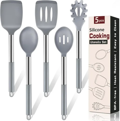 Miniatura 8 de Juego de utensilios de cocina de silicona, 5 piezas, herramientas de cocina resistentes al calor, incluye espátula sólida y ranurada, cuchara
