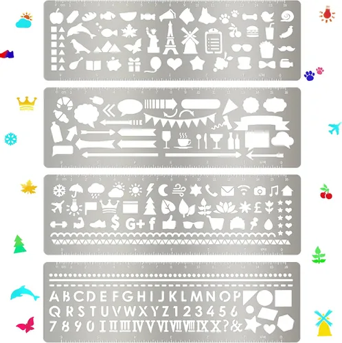 Miniatura 9 de Chinco 4 Pieces Stencils Metal Journal Template 7.9 x 2.4 Inches Bookmark Ruler School Supplies Stainless Steel Stencils Set for DIY, Engraving