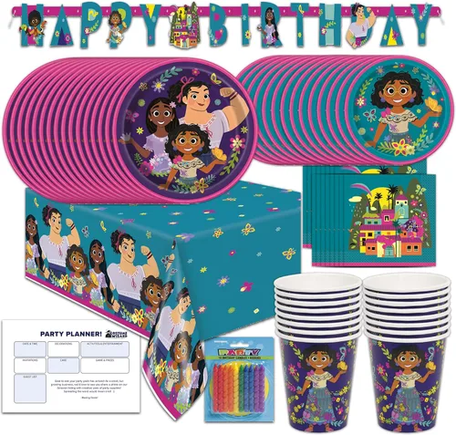 Encanto - Suministros de fiesta de cumpleaños temáticos para niños, sirve 16, decoraciones y juego de vajilla con cubierta de mesa, platos,