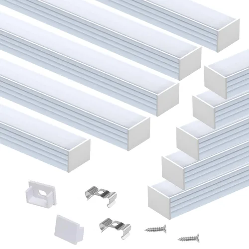Muzata Paquete de 10 unidades de 6.6 pies/6.6 ft de ancho con sistema de canal LED plateado sin manchas en forma de U con cubierta difusora blanca