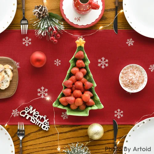 Miniatura 4 de Artoid Mode Camino de Mesa de Feliz Navidad con Árboles de Navidad y Copos de Nieve Rojos 210 GSM, Decoración de Mesa de Comedor de Cocina