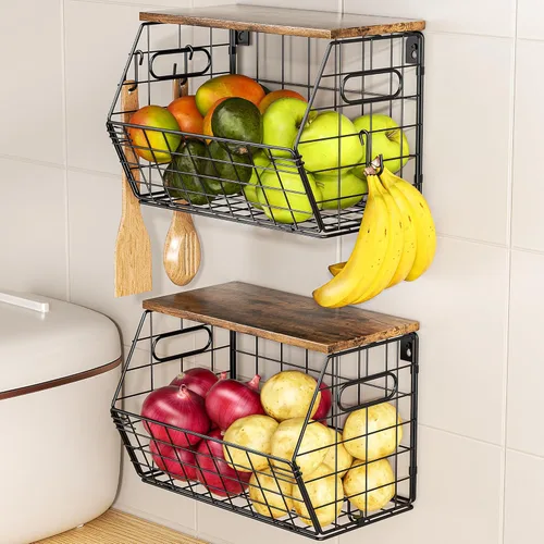 Delamu Cesta de frutas apilable de metal con tapa de madera, paquete de 2, organizador de pared colgante para encimera de cocina, almacenamiento de