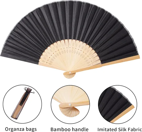 Miniatura 2 de Sepwedd 50 piezas de tela de seda sintética negra de bambú plegado ventilador de mano novia baile accesorios iglesia boda fiesta recuerdos