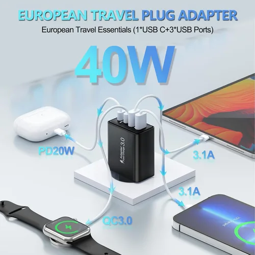Miniatura 2 de Adaptador de enchufe europeo 40 W 4 puertos cargador USB C europeo, PD20W QC3.0 Europa USB C Bloque de cargador US a Europa adaptador de enchufe
