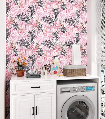 Miniatura 8 de Papel tapiz de hojas bohemias para despegar y pegar, papel de contacto extraíble de palmera rosa y negra para armarios, papel tapiz floral tropical
