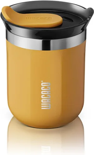 Taza de viaje Octaroma Classico de WACACO, vaso de viaje de acero inoxidable de doble pared con tapa para beber, 6 fl oz (180ml), ámbar amarillo