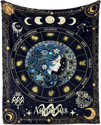 Manta del Zodiaco Acuario para Niños y Niñas, Diseño Temático de Astrología Secreta Impreso, Mantas de Tiro para Niños, Regazo, Silla, Manta Suave y